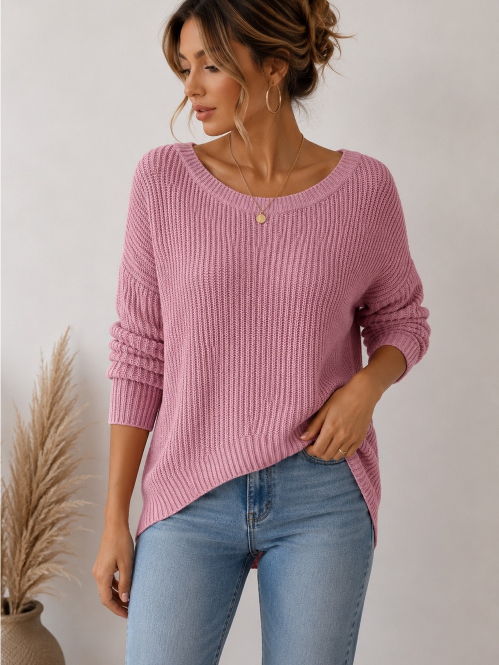 Express Mauve Waffle Knit Open Back Sweater Women’s Small Blush Pink 3/4 Sleeve